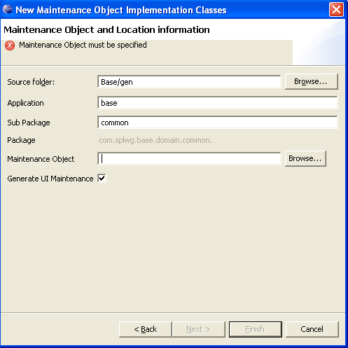 Maintenance Object wizard dialog where the user is to enter details.