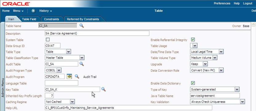 Example Table Metadata Key Information
