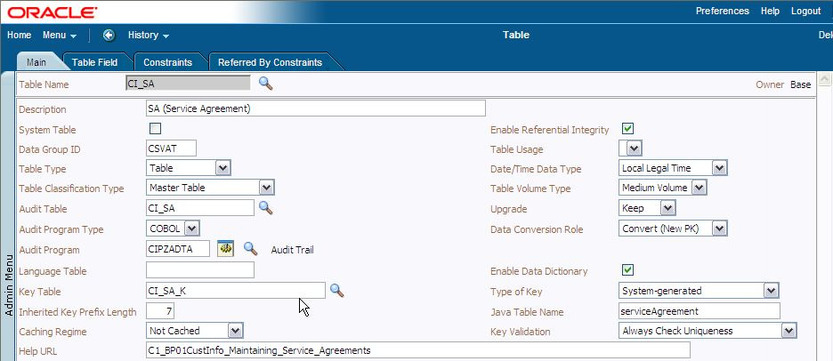 Example Table of Metadata Key Information