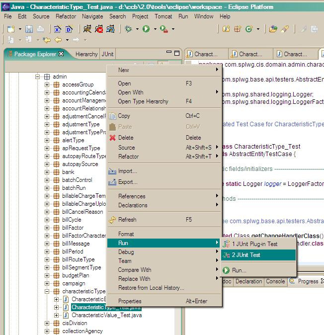 Package Explorer tab in Eclipse Platform. Here a test case is selected, and the options menu shows JUnit Test selected from Run option.