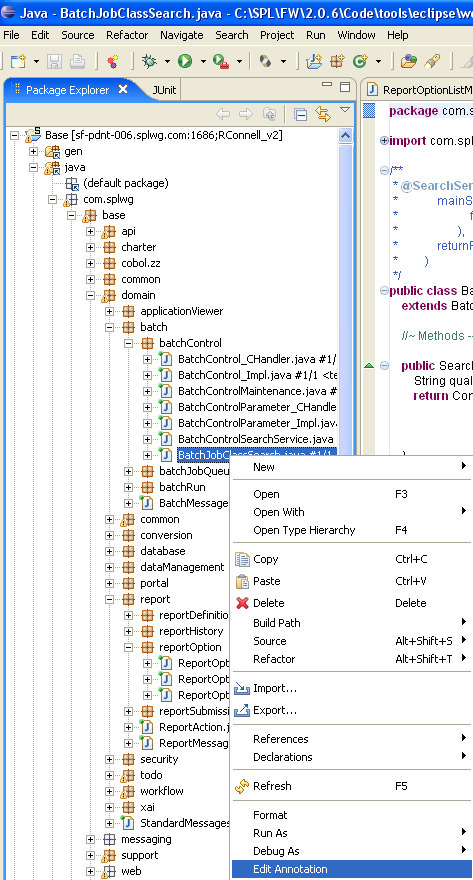 Package Explorer tab, showing the options menu that is displayed through right click.