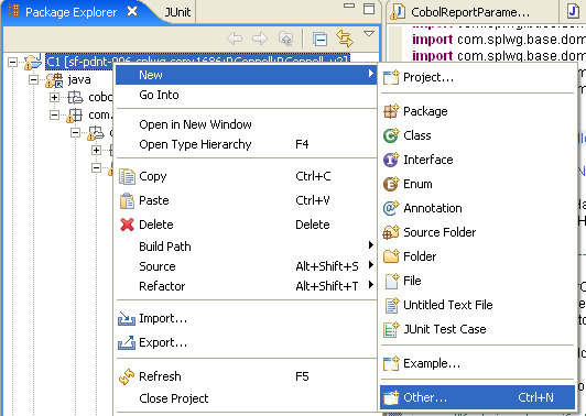 Package Explorer tab. This screenshot shows the options menu that appears when right-clicking.