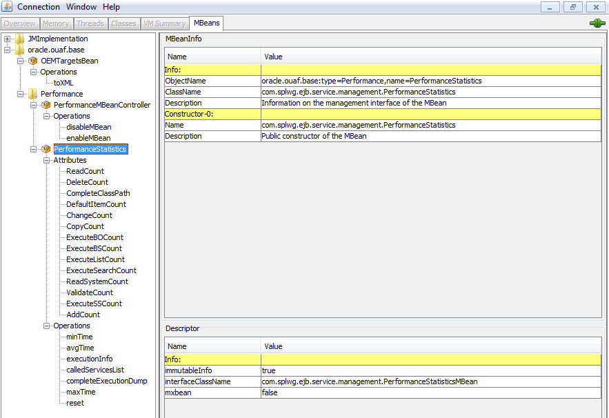 Example of the business application server Mbeans in the jconsole