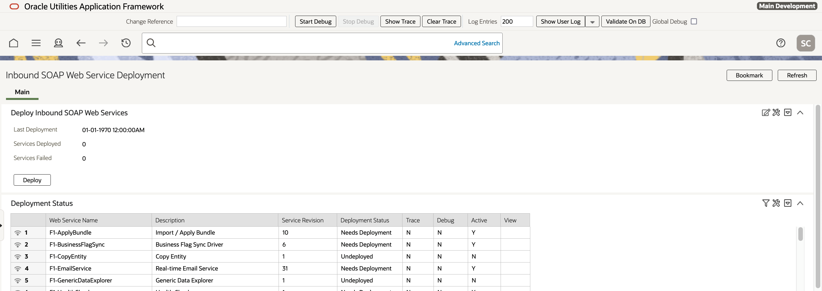 Screen capture that shows the Main tab on the Inbound Web Service Deployment page. Emphasis on the Deploy button.