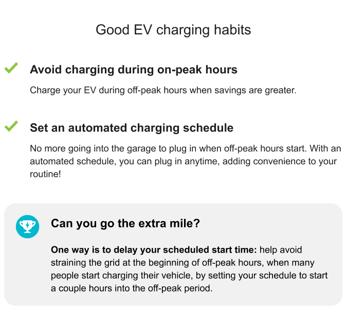 This image shows an example of the EV Habits Module.
