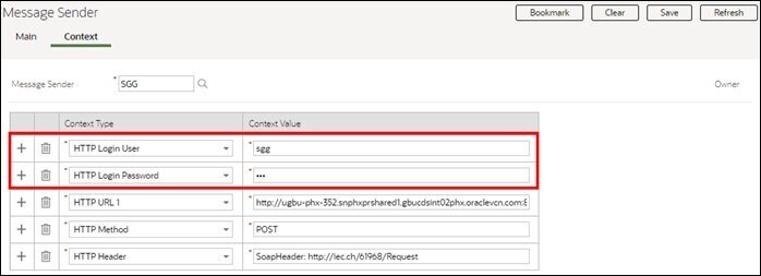 Screen capture showing the HTTP Login User and HTTP Login Password parameters on the Context tab of the Message Sender portal.