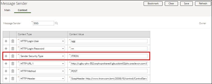 Screen capture showing the Sender Security Type parameter set to "ITRON" on the Context tab of the Message Sender portal.