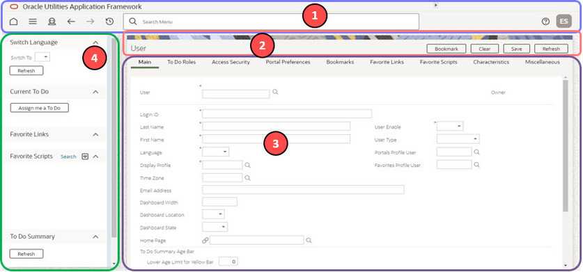 General Layout showing the four main areas: application toolbar at the top, the page title area under it, followed by the object display area, and the sidebar area, which is a vertical menu located on the left side of the page.