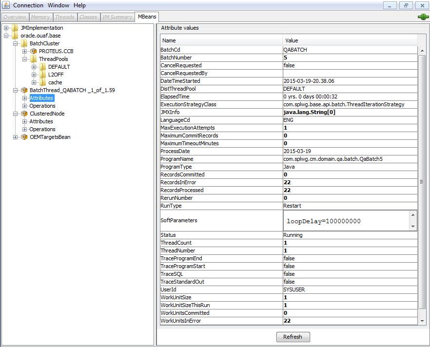 Screen capture showing a Batch Thread Mbean in the jconsole