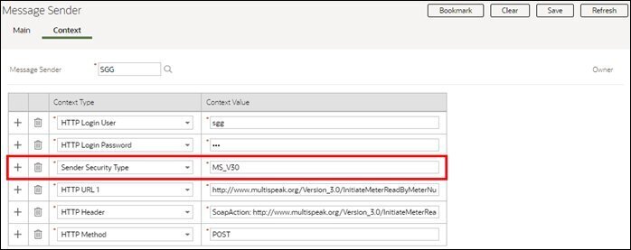 Screen capture showing the Sender Security Type parameter set to "MS_V30" on the Context tab of the Message Sender portal.