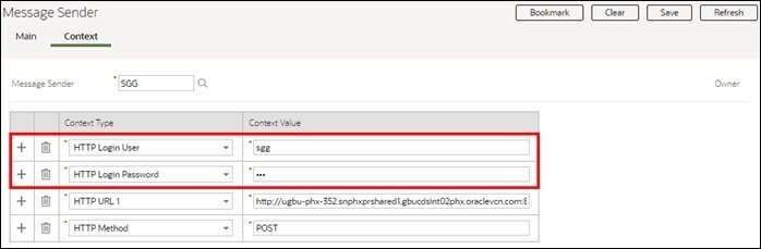 Screen capture showing the HTTP Login User and HTTP Login Password parameters on the Context tab of the Message Sender portal.