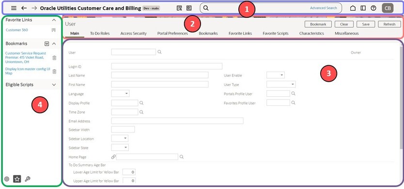 General Layout showing the four main areas: application toolbar at the top, the page title area under it, followed by the object display area, and the sidebar area, which is a vertical menu located on the left side of the page.