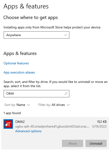 Apps and features page with a filter for OMA2, which is selected causing the Uninstall button to become active.