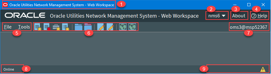 Screen capture of the Web Workspace window showing the position of the functional areas. 1) Title Bar; 2) User Menu; 3) About link; 4) Help link; 5) Menus; 6) Toolbar; 7) Environment information; 8) System Status Indicator. 9) Annunciators.