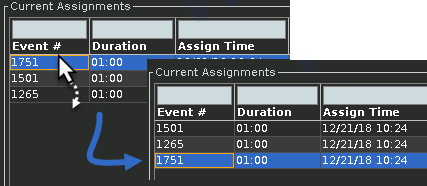 Screen capture of dragging an assigned event from the first row down to the last row.