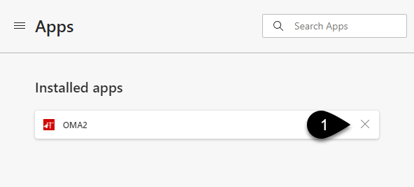 Edge Installed Apps List with X to uninstall annotated with a one (1).