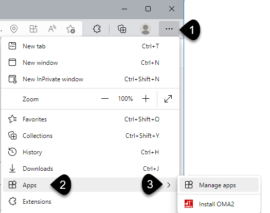 Edge menu showing Apps submenu and its Manage apps option.