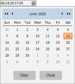 Date-Time field with expanded Calendar control allowing the user to select a date. The Clear button will clear out a date-time that was previously entered; the Close button will close the Calendar control without making any changes. Date-Time field with expanded Calendar control allowing the user to select a date. The Clear button will clear out a date-time that was previously entered; the Close button will close the Calendar control without making any changes.