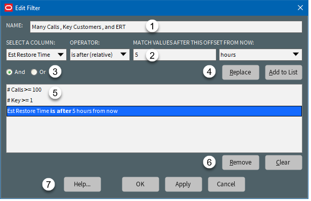 The Edit Filter dialog box with numbers next to fields to match the legend that follows. The Edit Filter dialog box with numbers next to fields to match the legend that follows.