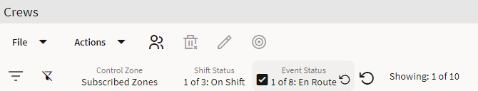 Crews pane showing filter breadcrumbs with event status highlighted to allow you to deselect it.