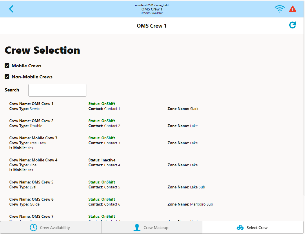 Screen capture of the Select Crew tab.