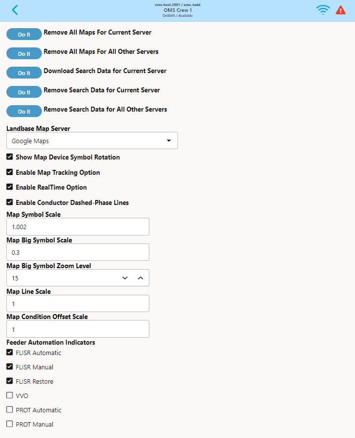 Screen capture of the Settings page showing the Map server selection.