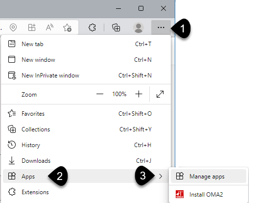 Edge menu showing Apps submenu and its Manage apps option.