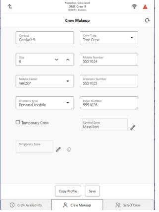 Crew Makeup page allows a user to set crew characteristics and contact information.
