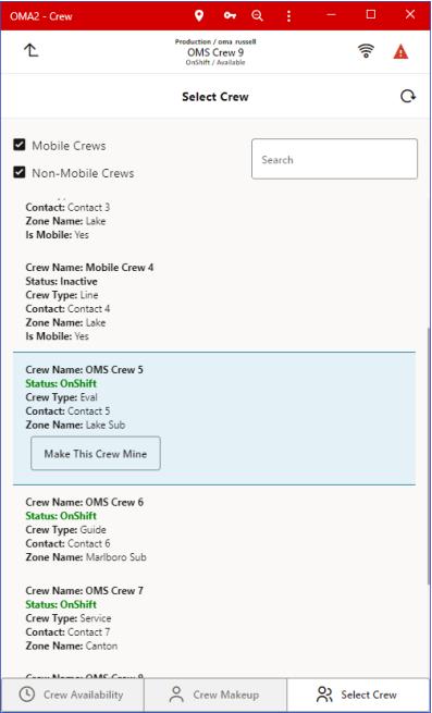 OMA Select Crew page lists all crews and their information. From this page, a user may select a crew.