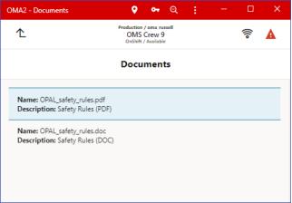 OMA Documents page listing the documents associated to a crew assignment.