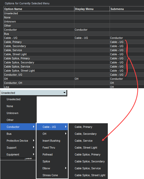 Screen capture of a menu cascade configuration.