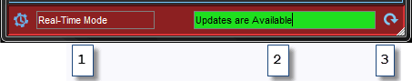 Screen capture of the status bar with annotations corresponding to 1) the mode indicator, 2) data update notifications, and 3) the Refresh button, which allows you to update the data manually.