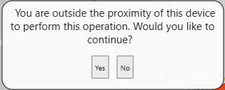 Alert dialog box notifying the user that they are outside the proximity radius and asks whether they would like to continue.