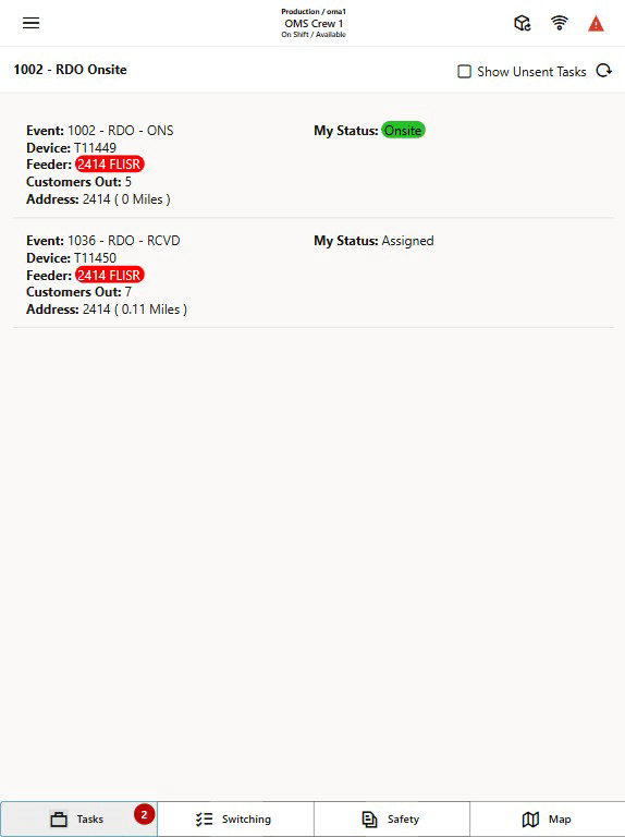 OMA Task page showing two listed tasks. The first is selected and shows icons for the available actions.