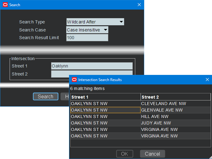 Search example showing an intersection search and results.