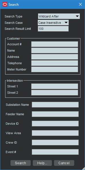Search dialog box screen capture. Shows the fields described in the preceding column.
