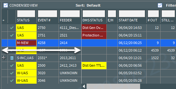 Illustration showing the first five columns that are locked with an arrow indicating the scope of the locked columns. They will always be in view when scrolling horizontally.