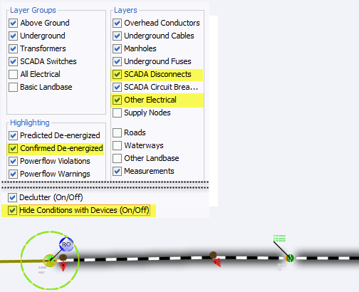 Hide/Display example showing the Hide/Display dialog and the Viewer showing various hide/display options.