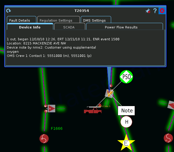 Screen capture showing device details for a selected outaged transformer.