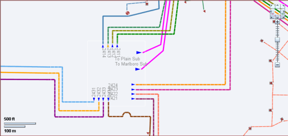 Viewer showing feeders coming out of a substation.