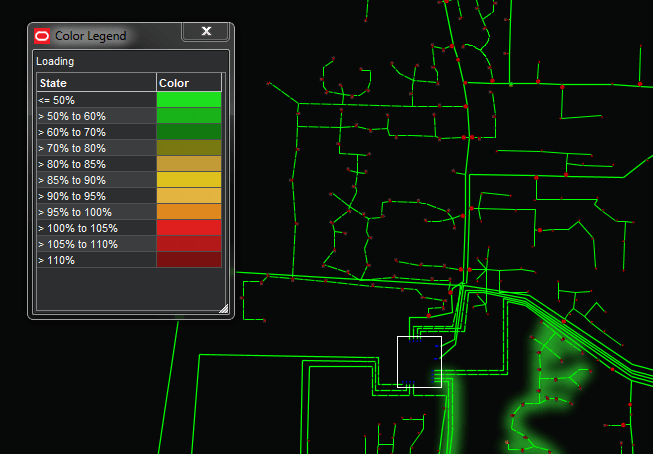 Screen capture of the Viewer with the Color Legend for colors corresponding to loading (per unit current) ranges.