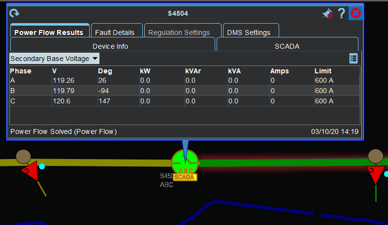 Screen capture of SCADA device with balloon details showing the Power Flow results tab.