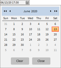 Date-Time field with expanded Calendar control allowing the user to select a date. The Clear button will clear out a date-time that was previously entered; the Close button will close the Calendar control without making any changes.