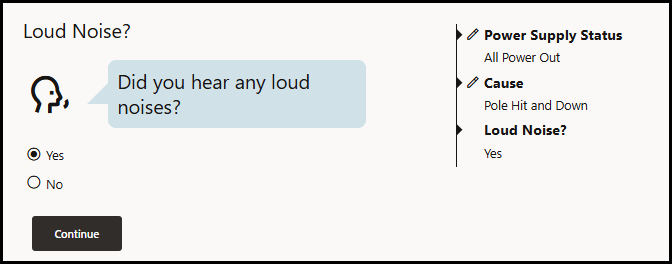 Scripted Call Entry showing responses with edit (pencil) icons indicating that the user can go back to change the response to an earlier step in the wizard.
