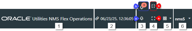 Screen capture of banner showing the Oracle logo, the application name (OracleUtilities NMS Flex Operations), the connection status, the Tool Selector, and the user menu.