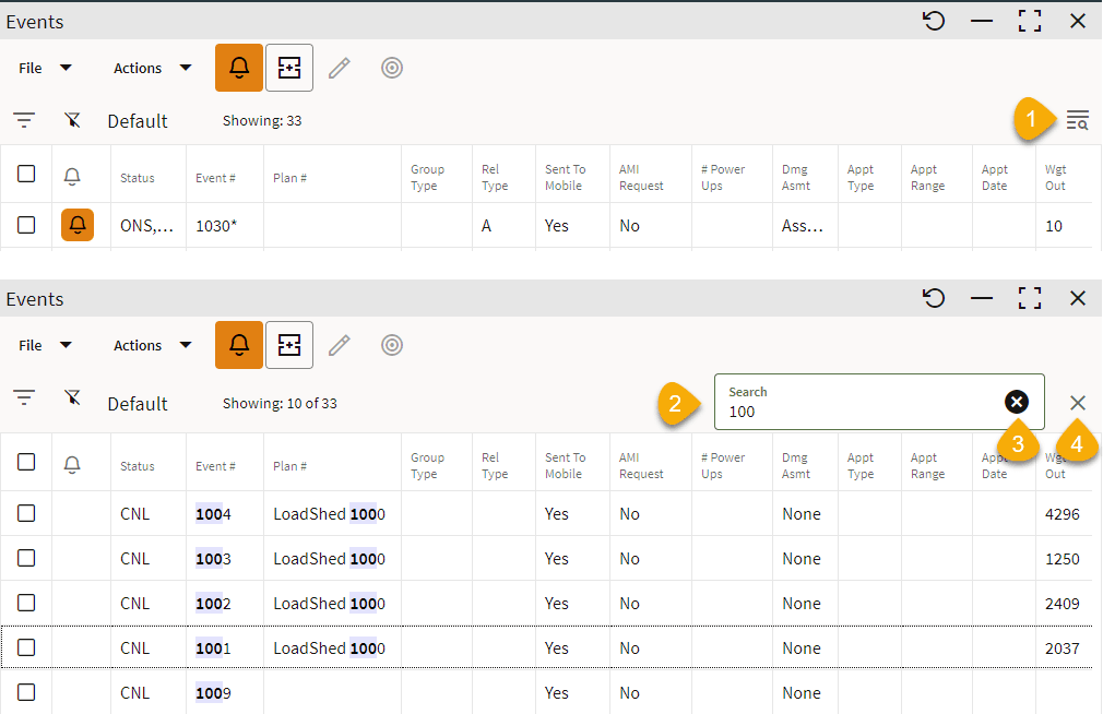 Screen capture displaying a filtered table showing rows having ’100’ in different columns.