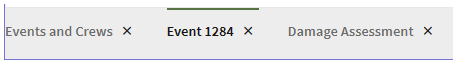 Screen capture of the Flex Ops tabbed bar showing tabs for Events and Crews, an Event, and a Damage Assessment.