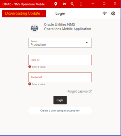 OMA Login page showing "Downloading Update..." text in yellow with red background.
