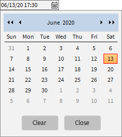 Date-Time field with expanded Calendar control allowing the user to select a date. The Clear button will clear out a date-time that was previously entered; the Close button will close the Calendar control without making any changes.