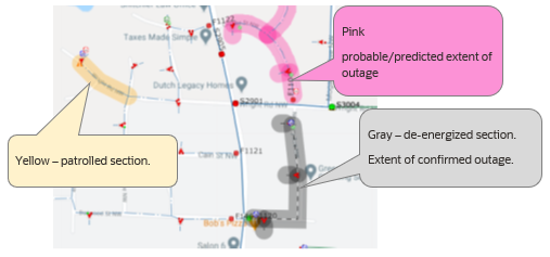 Screen capture of Map with callouts to sections of the network: yellow conductor signifies a patrolled section, pink signifies the probably/predicted extent of an outage, and gray signifies a de-energized section.